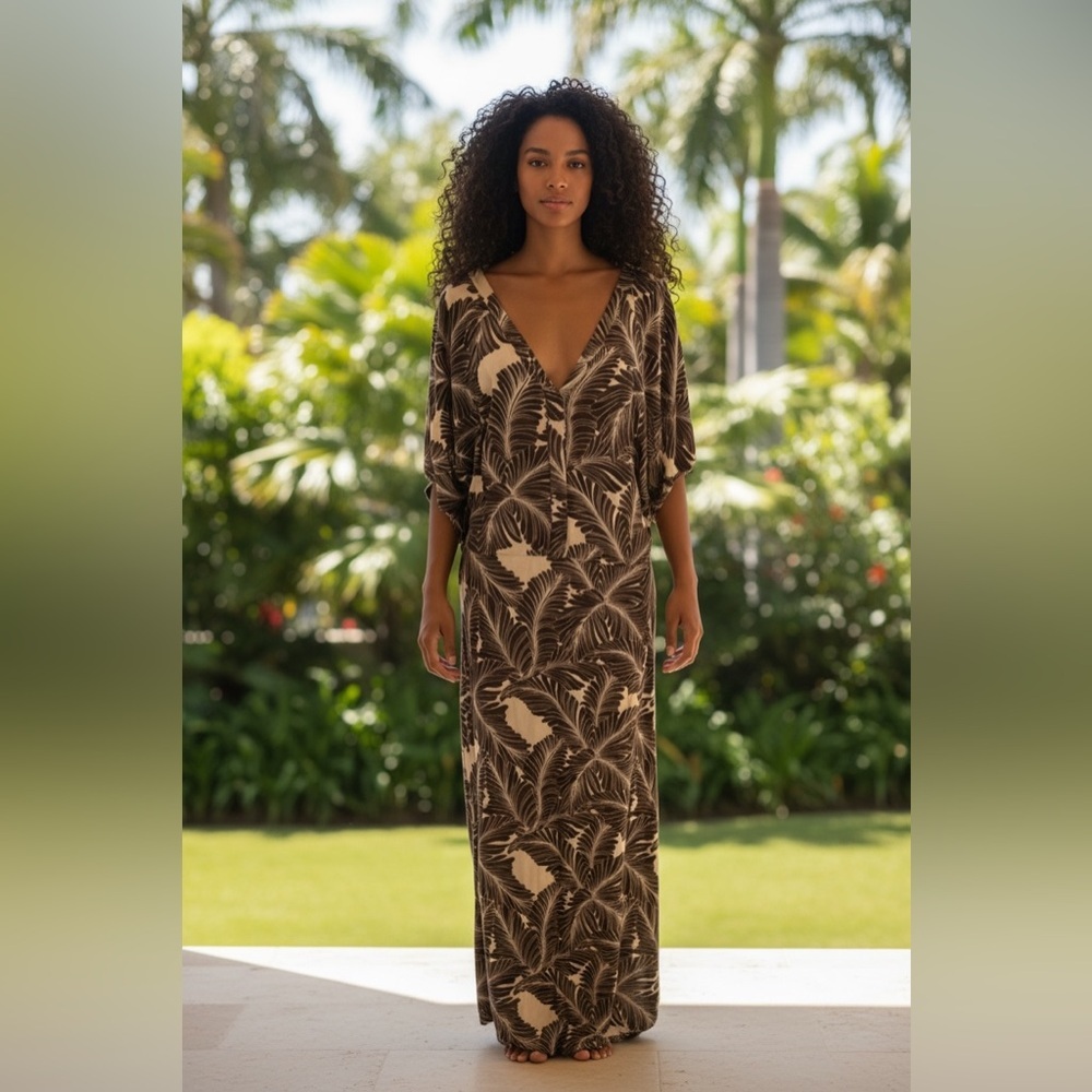 Totem Maxi Dress Leaf Print Brown Cream Size 4